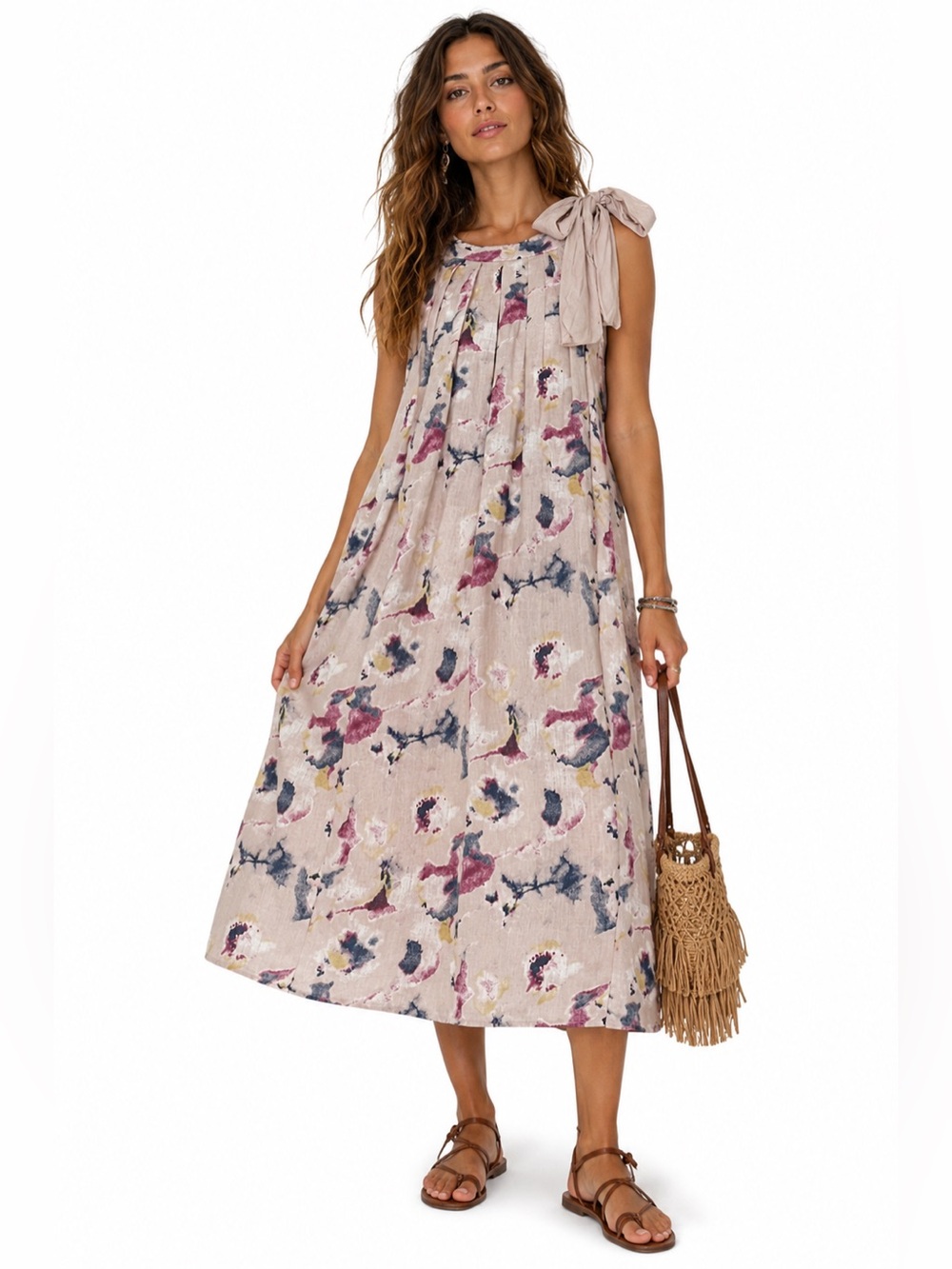Boho Lagenlook 100% Linen Floral Pleated Midi Dress Fairycore Feminine Earthy